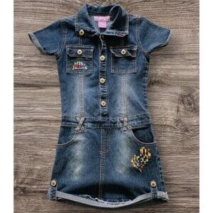Miss Jeans Girls Embroidered Blue Denim Dress Silver Buttons Colorful Pockets 6X
